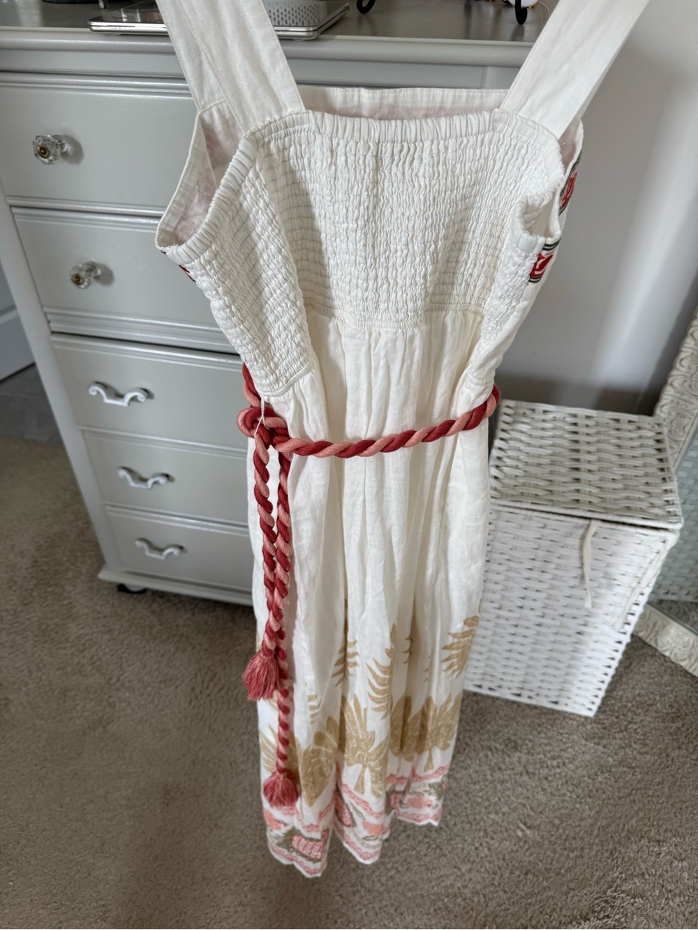 Spartina 449 White Maxi Dress with Gold Sunflower and Coral Trim - Picture 2 of 5